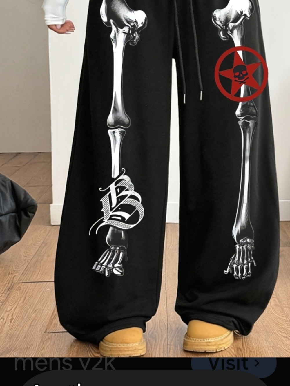 Black Wide-Leg unisex Pants with White Skeleton Bone Print